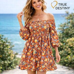 True Destiny, Citrus Floral Smocked Off-Shoulder Boho Swing Mini Dress Size M